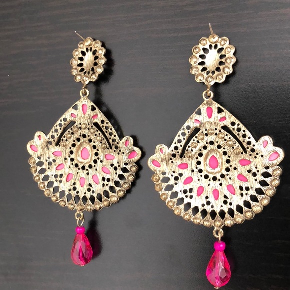 Pink & Gold Jeweled Chandelier Earrings - Picture 5 of 8